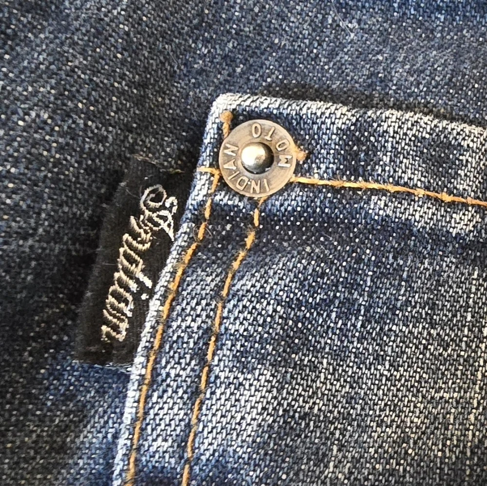 RARE Vintage Indian Motocycle Denim Jeans Chief Head Wings Blue Straight 34x32